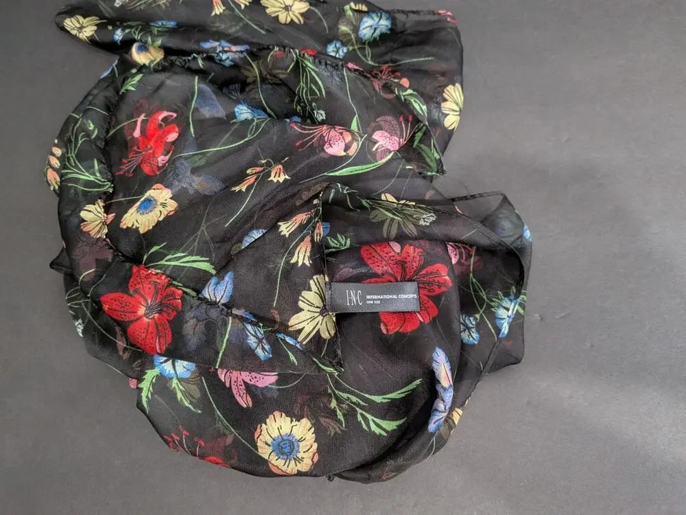 INC Scarf Floral Sheer Hair Black Botanical Boho Festival Rodeo Wrap 60